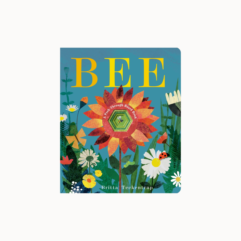 The book cover of 'BEE: A Fabulous Bee Book' by Brita Teekentrip, featuring a colorful, textured collage of flowers and a central honeybee on a teal background.