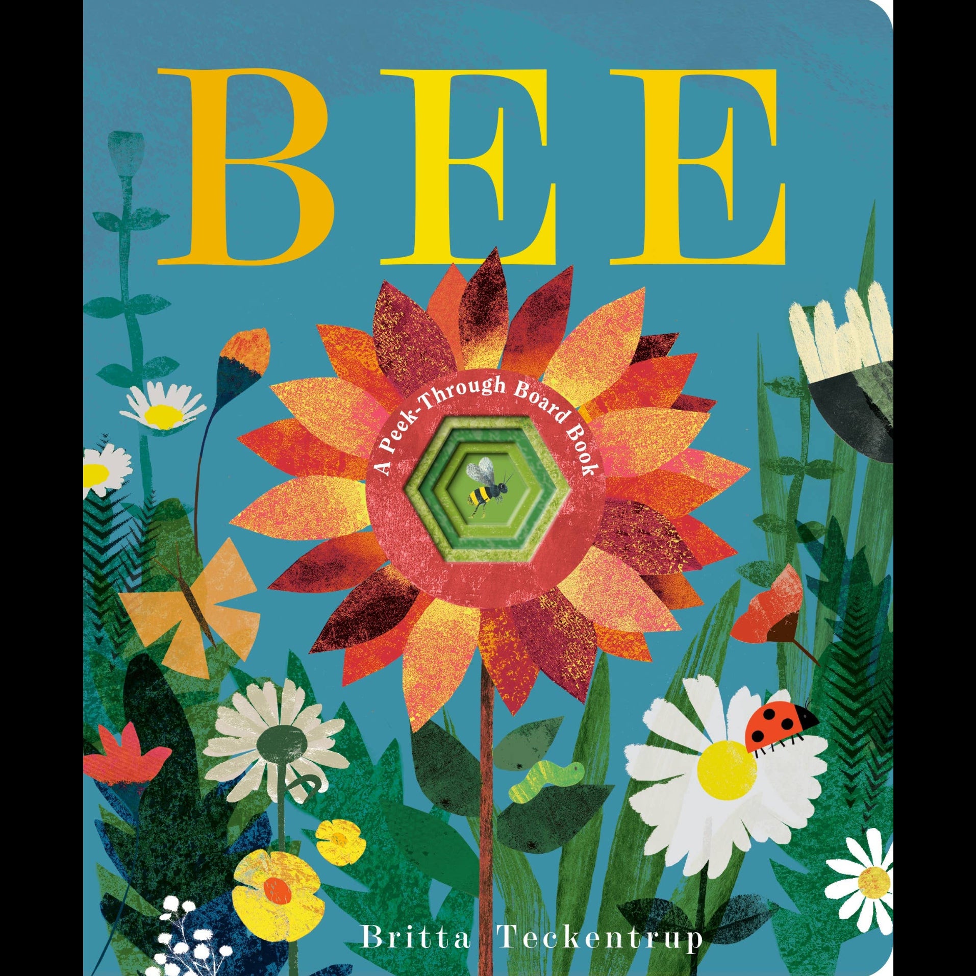 Board book cover with colorful flowers and the title 'BEE' on a blue background
