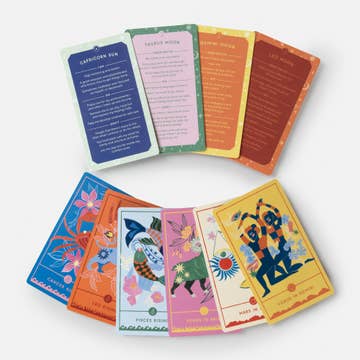 Set of colorful tarot cards on a white background
