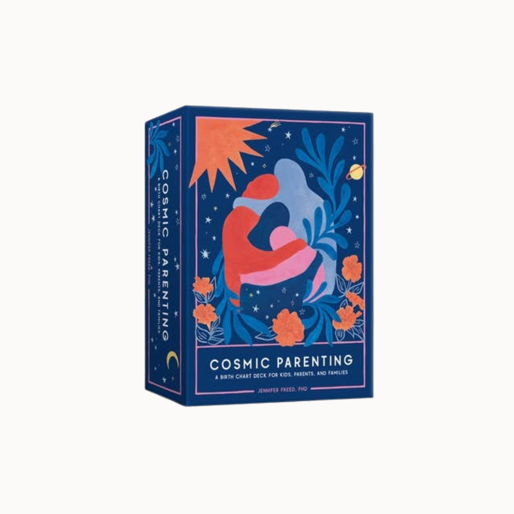 A boxed product titled "Cosmic Parenting" shown on a plain light background. The box features an illustrated design with two embracing figures, stars, floral elements, and a sun in blue, orange, pink, and white tones.