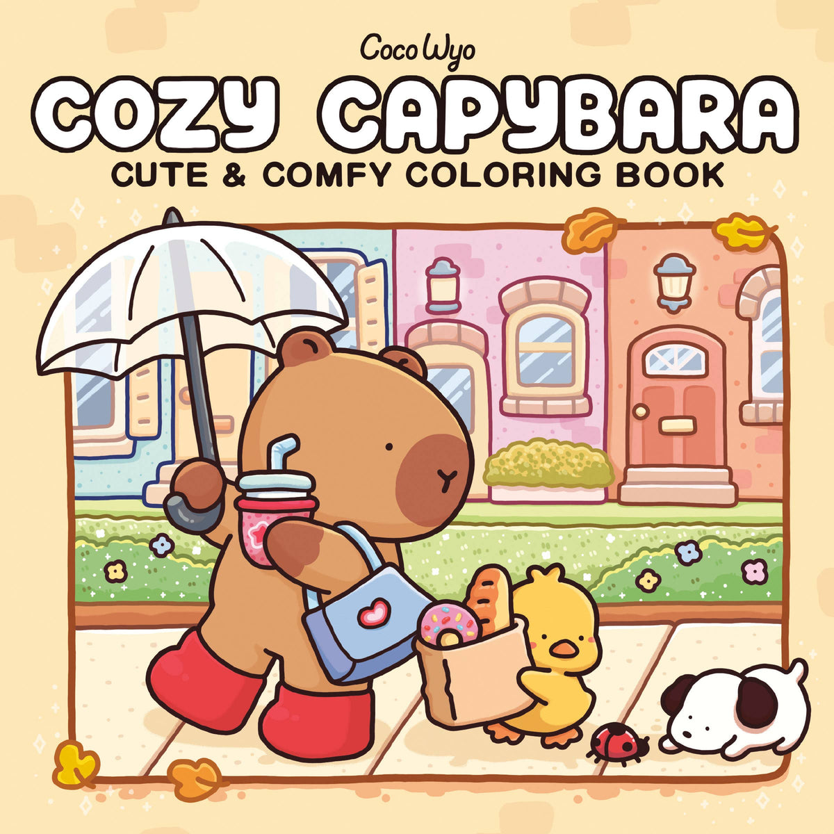 Coloring book cover with a capybara, duck, and dog in a town setting, featuring the brand 'Cocoloco'.