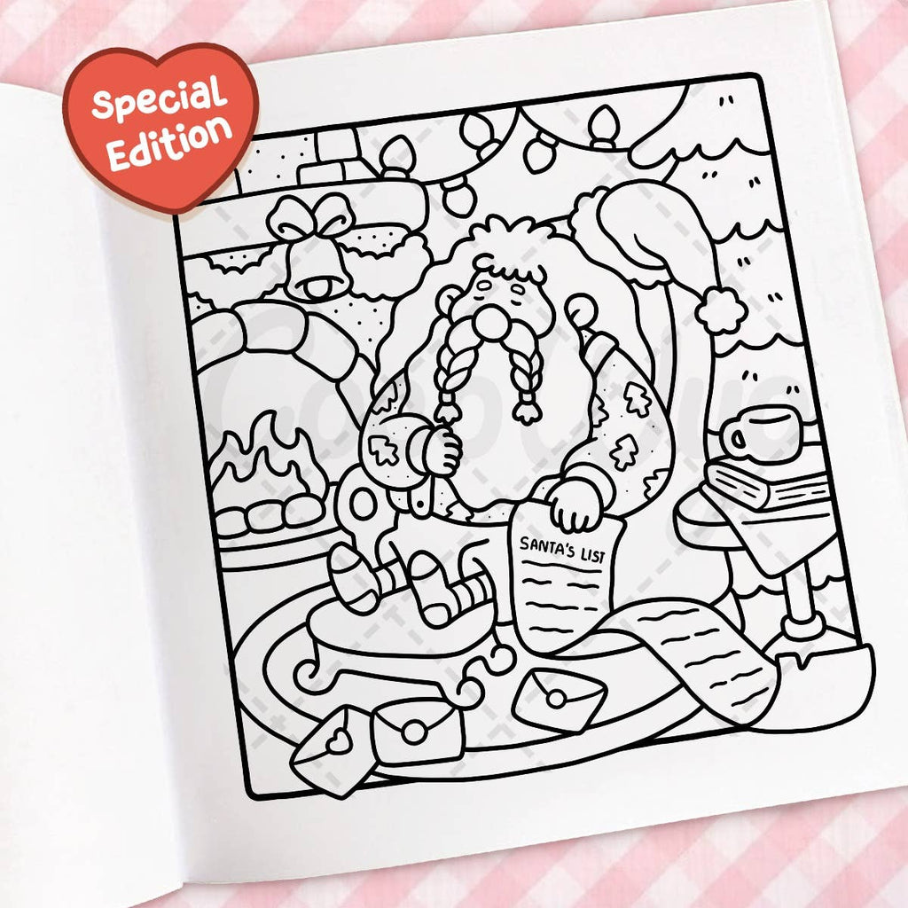 Coloring page of Santa Claus with a heart-shaped tag labeled 'Special Edition' on a pink checkered background.