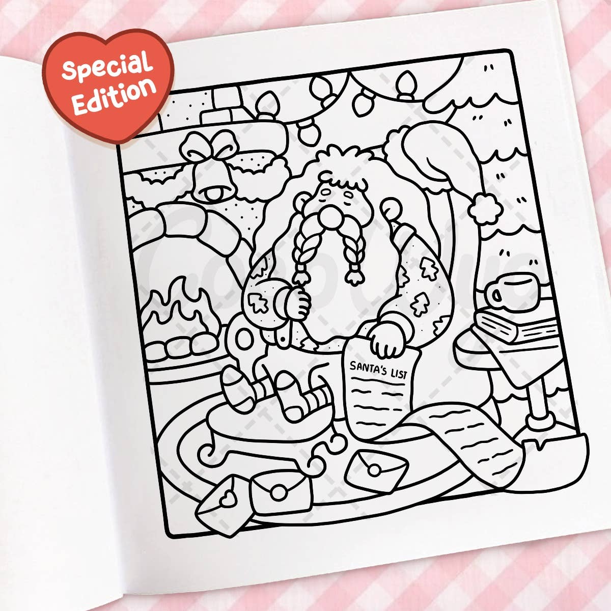 Coloring page of Santa Claus with a heart-shaped tag labeled 'Special Edition' on a pink checkered background.