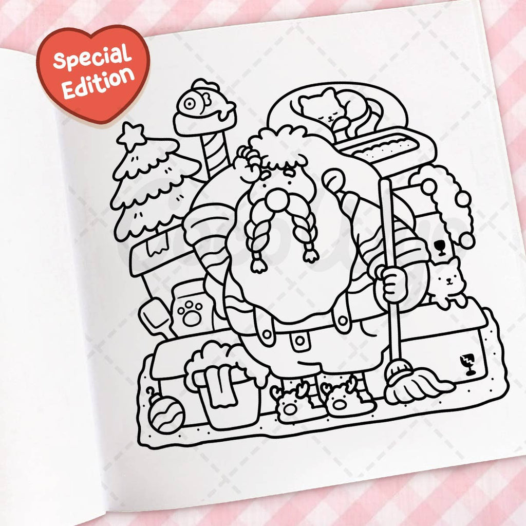Black and white illustration of a cartoon Santa Claus on a coloring page with a 'Special Edition' label.