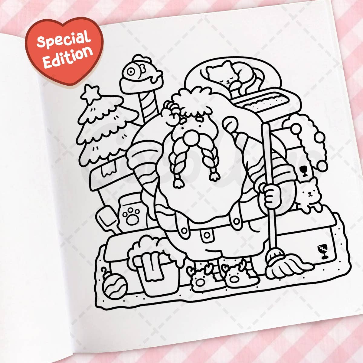 Black and white illustration of a cartoon Santa Claus on a coloring page with a 'Special Edition' label.