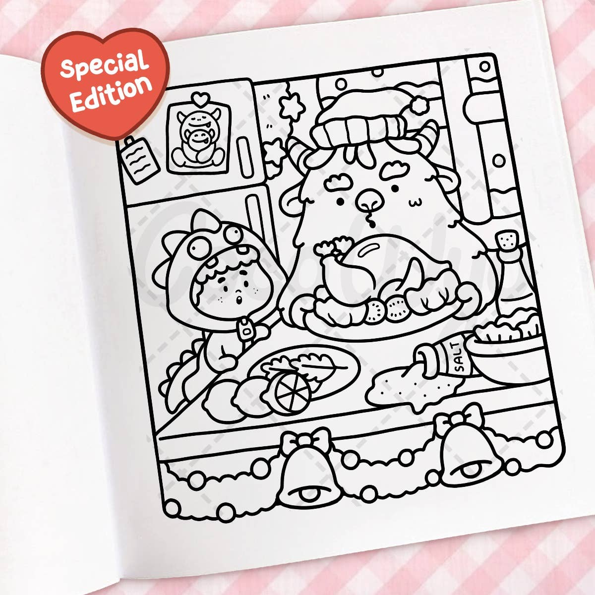 Coloring page with cartoon characters on a pink checkered background