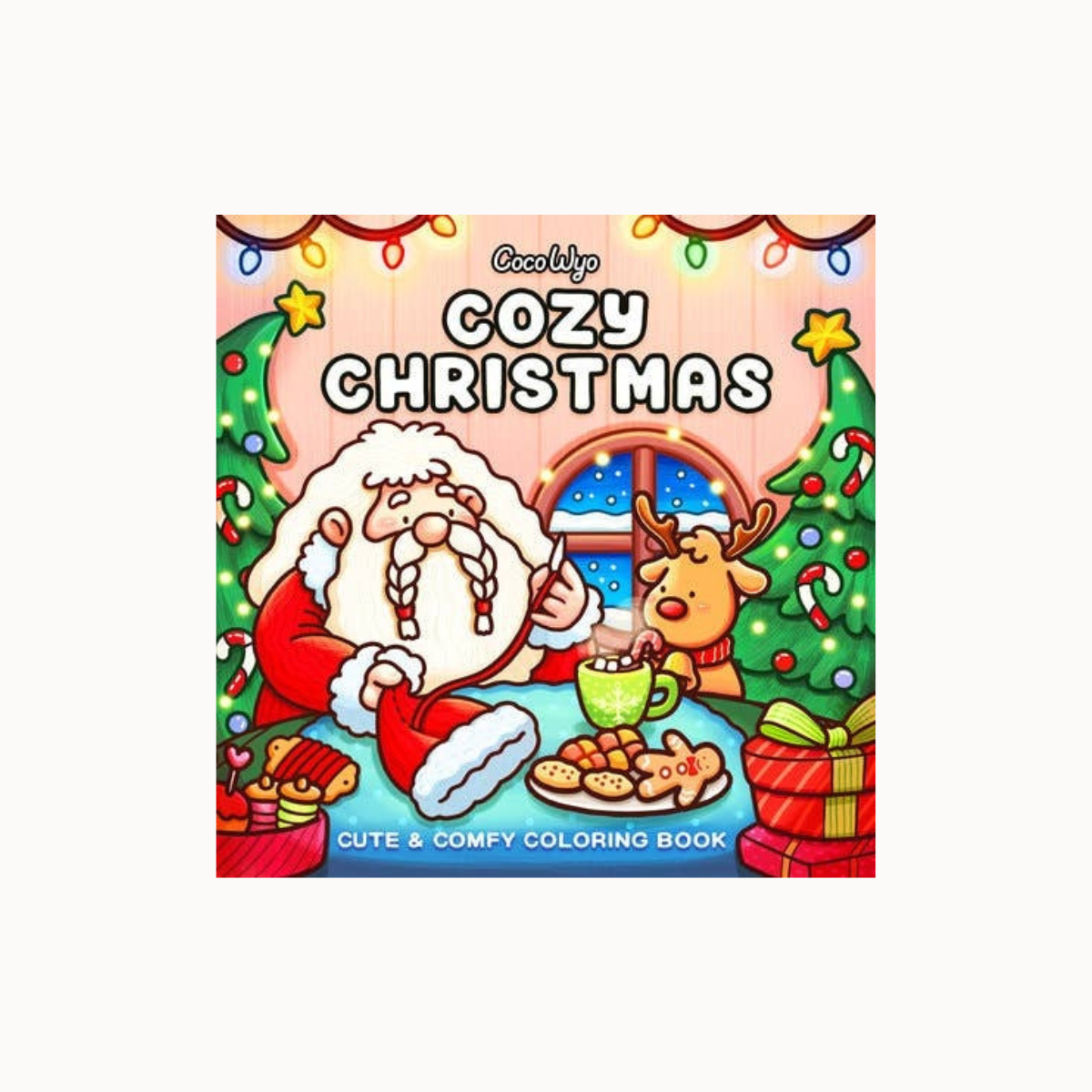 A square illustrated book cover reading 'Cozy Christmas' with Santa Claus, a reindeer, Christmas trees, gifts, cookies, and a mug on a light gray background.