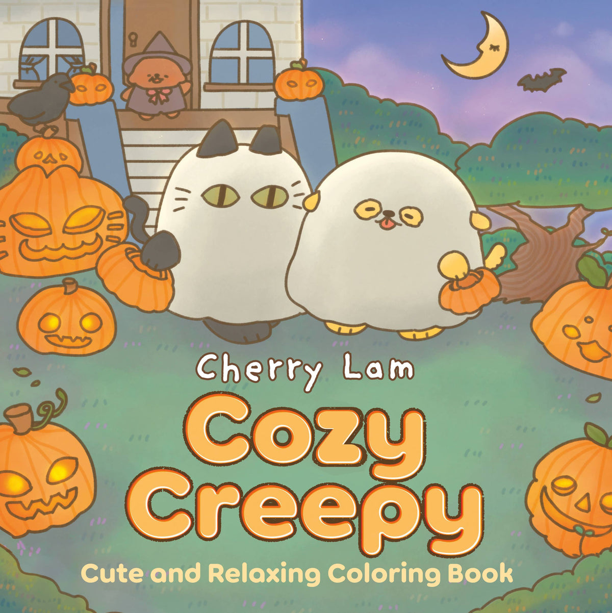 Cover of 'Cozy Creepy' coloring book by Cherry Lam with cartoon cats and pumpkins.