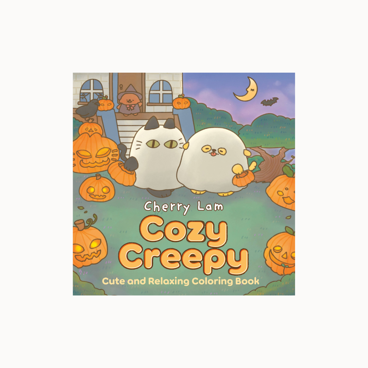 The front cover of the 'Cozy Creepy Cute and Relaxing Coloring Book' by Cherry Lam, featuring a Halloween-themed illustration of two white cats with black ears sitting among glowing jack-o'-lanterns in front of a house.