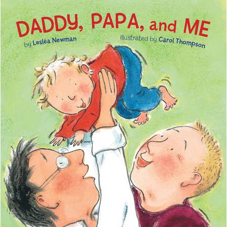 Book cover of 'Daddy, Papa, and Me' with illustrations of a father holding a child and another child looking up.