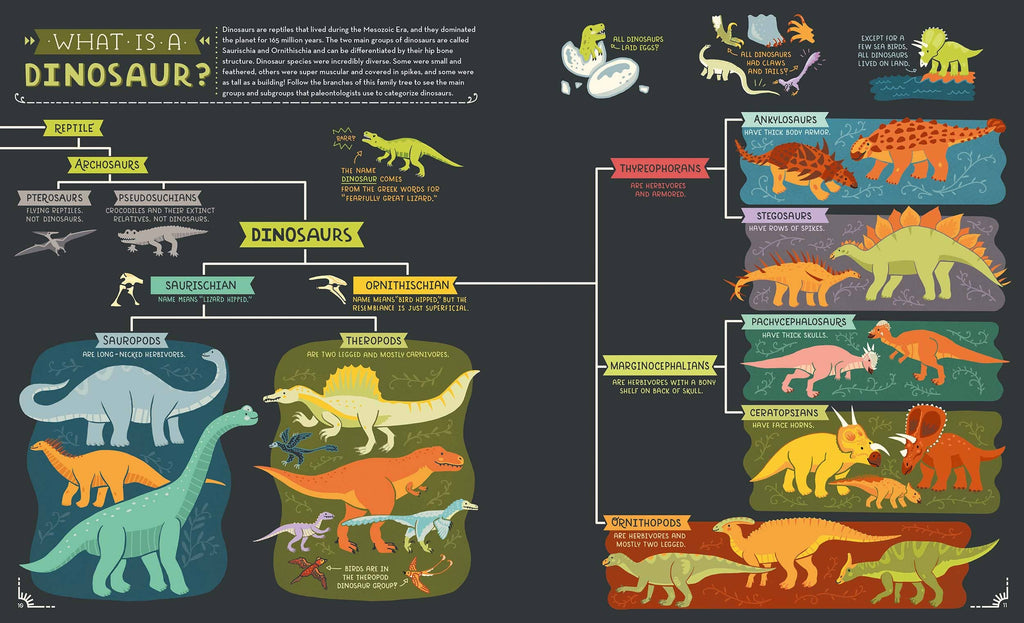 Educational infographic about dinosaurs with colorful illustrations and text on a dark background