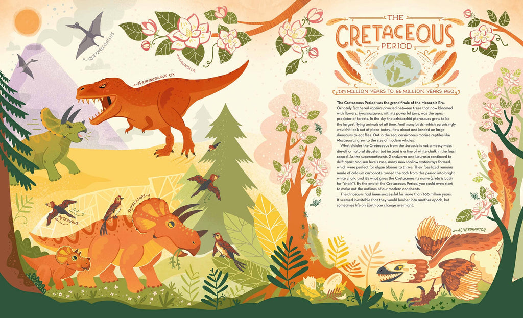 Illustration of dinosaurs and prehistoric plants with text on the Cretaceous period.