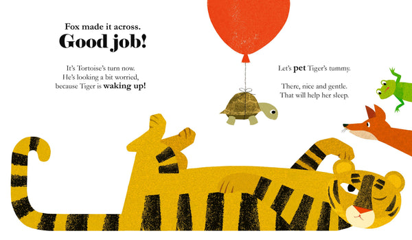 Illustration of a tiger, turtle, and fox with text about a journey and a worried tiger.