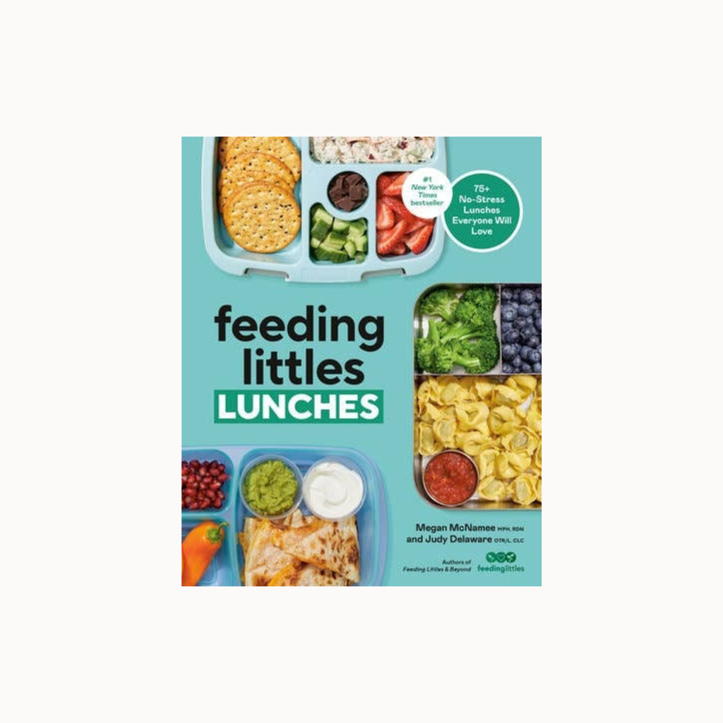 The front cover of the book 'feeding littles LUNCHES' by Megan McRamale and Judy Delamer, published by OGO. The cover features a light teal background with various colorful lunchbox photos and bold black and white text.