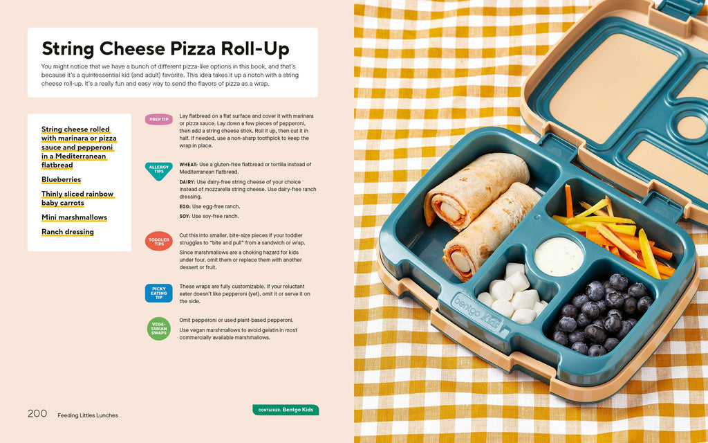 Bento box with string cheese pizza roll-up and snacks on a yellow checkered tablecloth