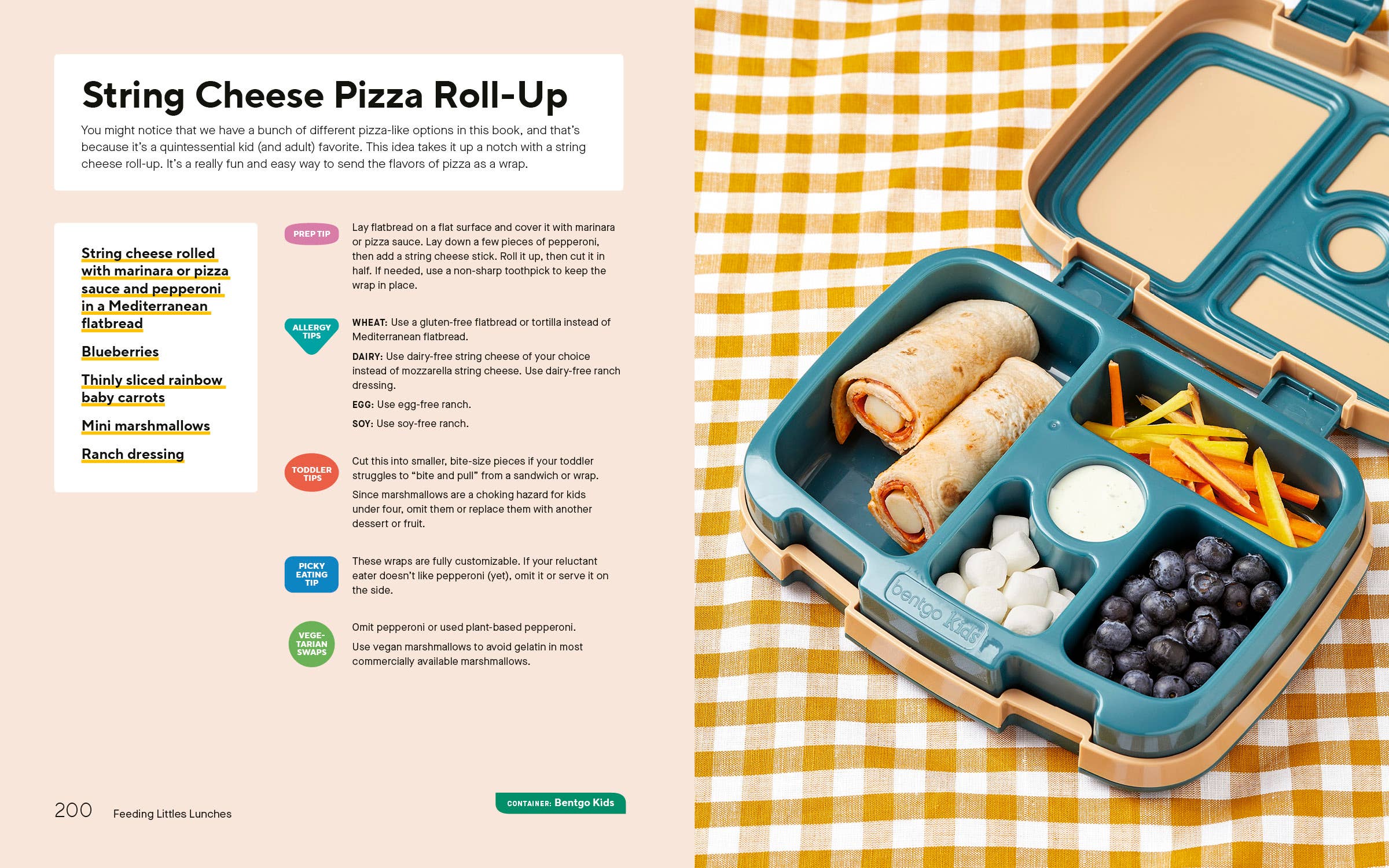 Bento box with string cheese pizza roll-up and snacks on a yellow checkered tablecloth