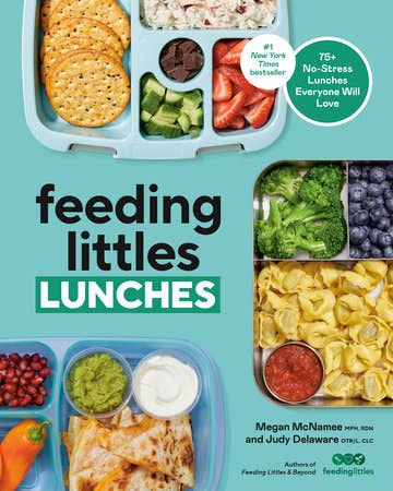 Book cover of 'Feeding Littles Lunches' with images of packed lunches on a teal background.