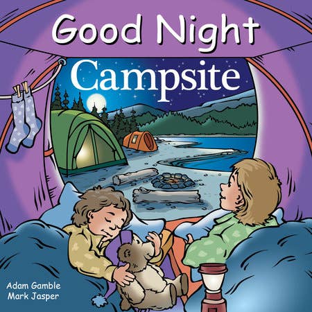 Book cover of 'Good Night Campsite' with a purple tent and two children inside.