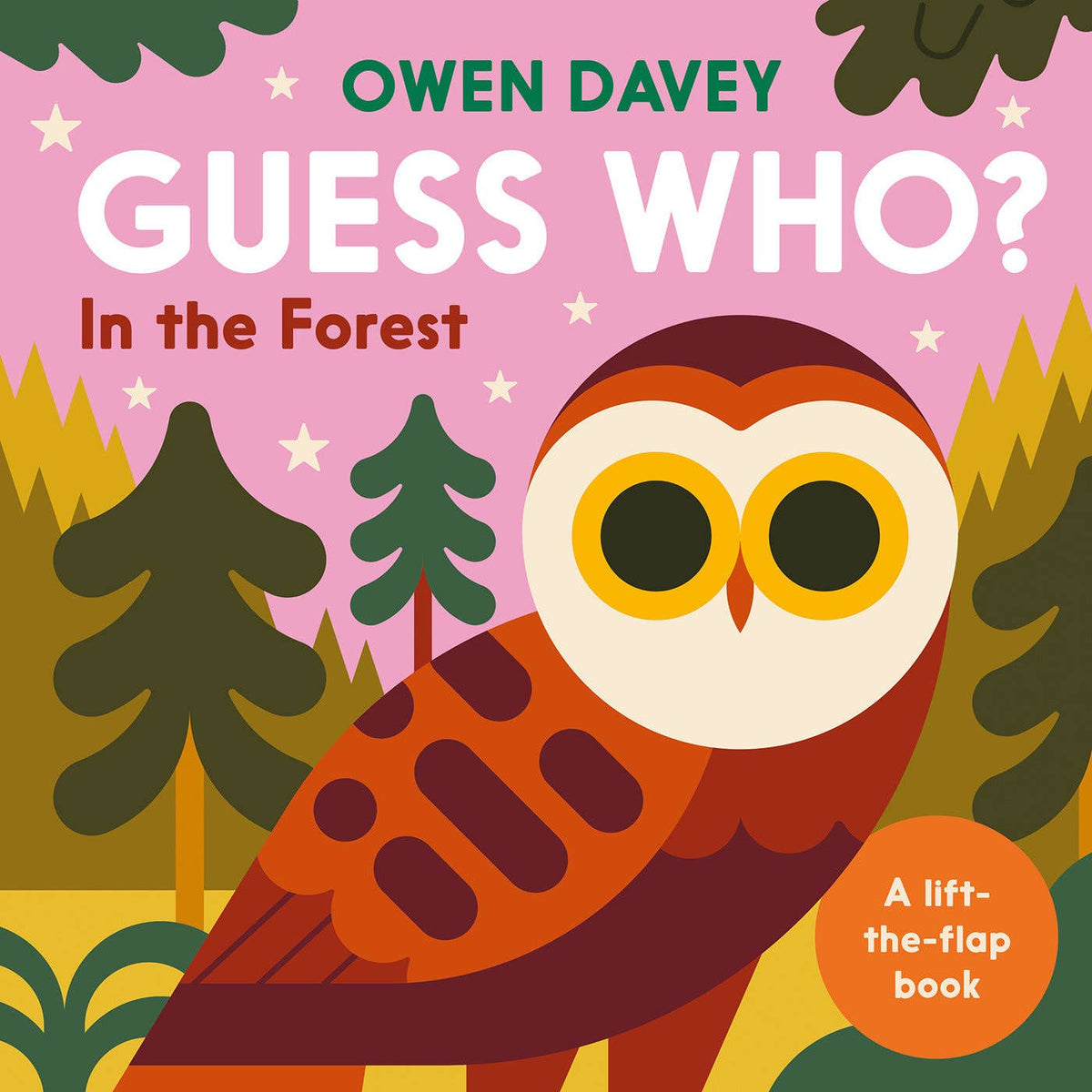 Book cover of 'Guess Who? In the Forest' by Owen Davey with an owl illustration and pink background.