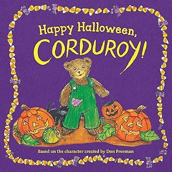 Book cover of 'Happy Halloween, Corduroy!' with a bear in green overalls and pumpkins on a purple background.