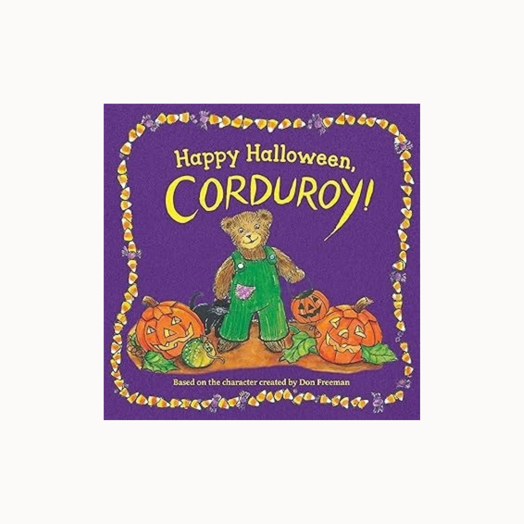 Book cover of 'Happy Halloween, Corduroy!' with a bear in green overalls and pumpkins on a purple background.