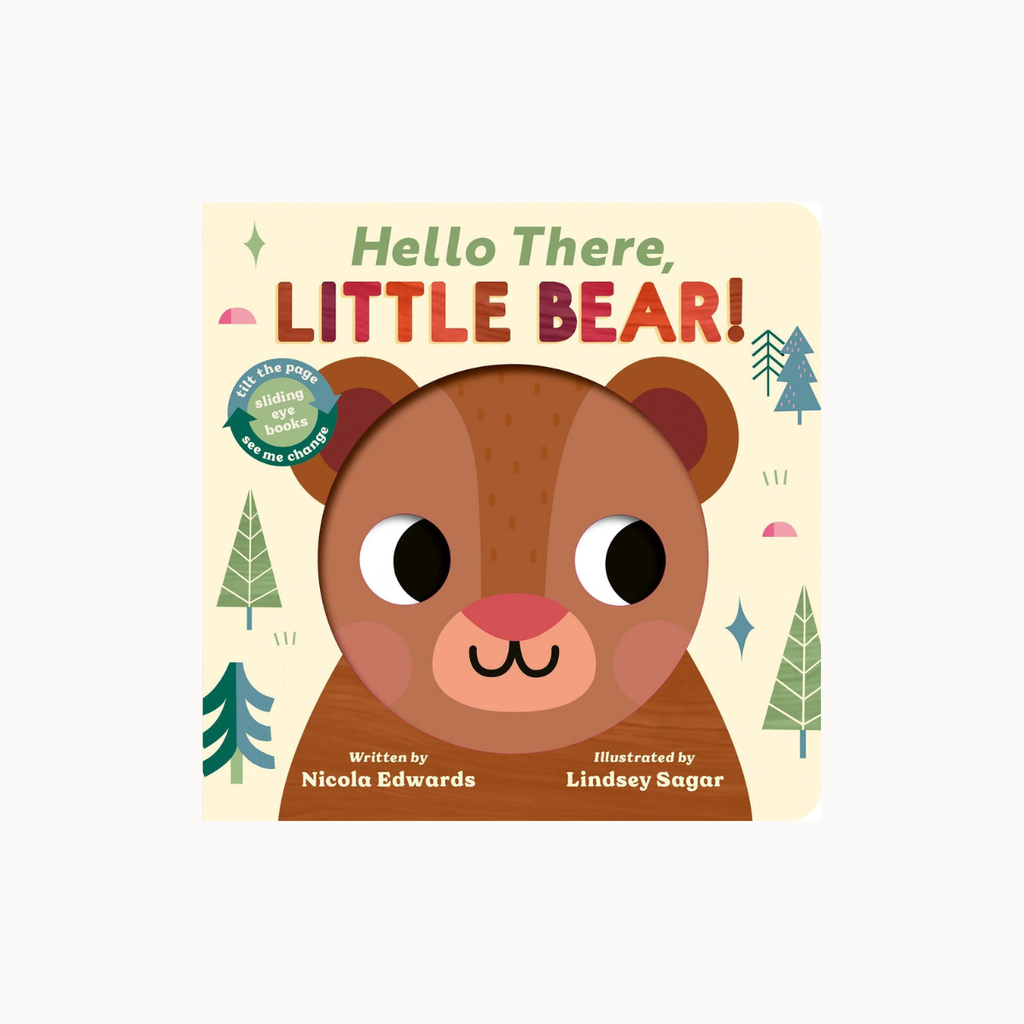 Hello There, Little Bear! board book cover featuring a cute cartoon bear face on a cream background with colorful text and simple forest illustrations.
