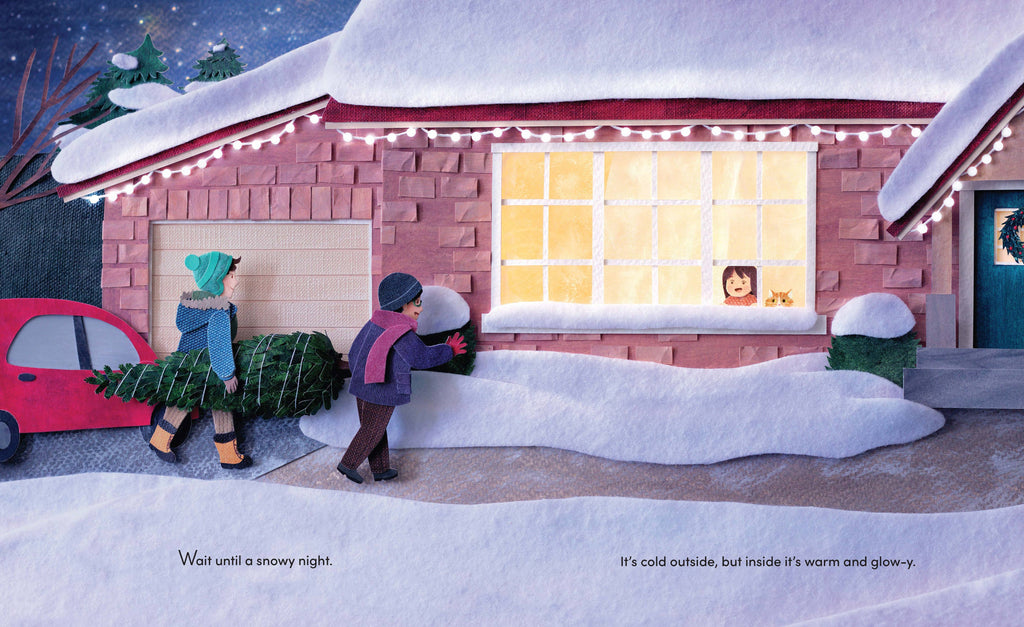 Illustration of a house with a tree and people in winter clothing, with text underneath.