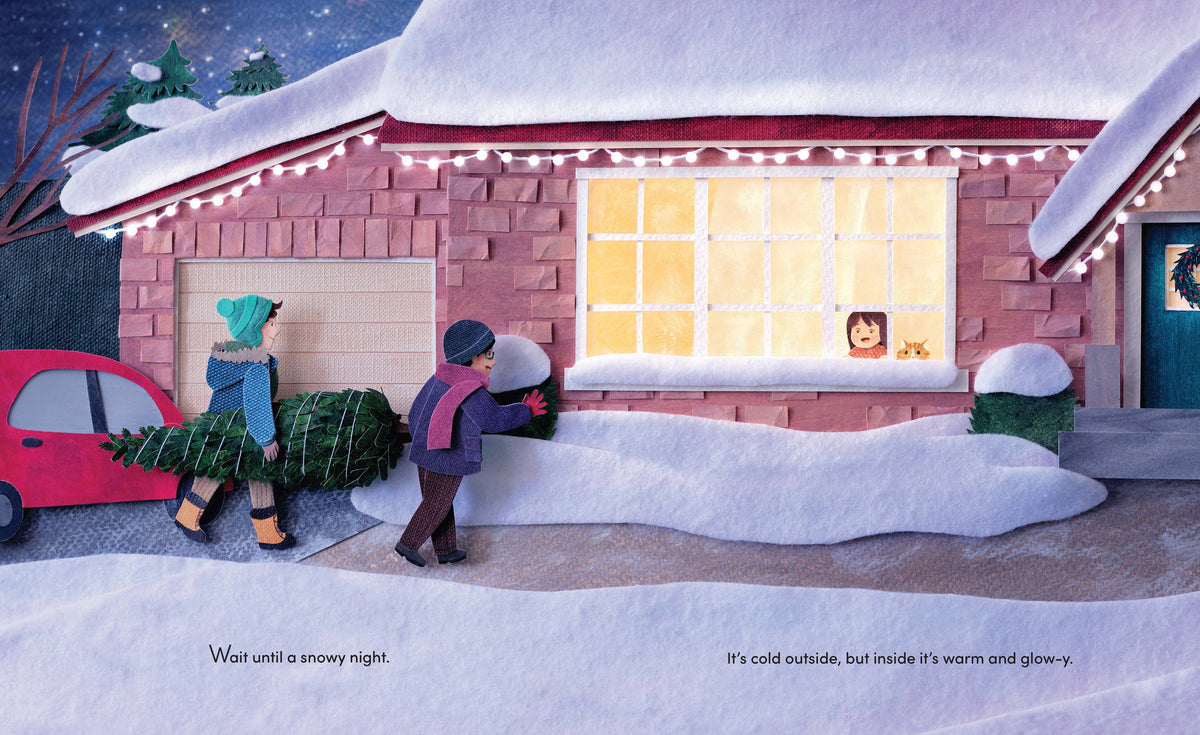 Illustration of a house with a tree and people in winter clothing, with text underneath.