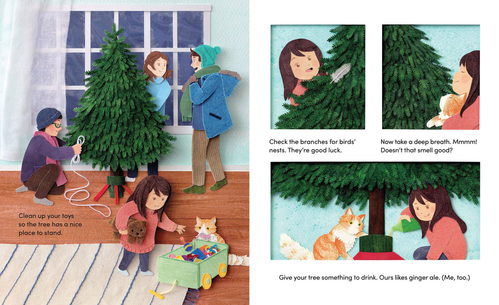 Illustrated book page showing children caring for a Christmas tree with text instructions.