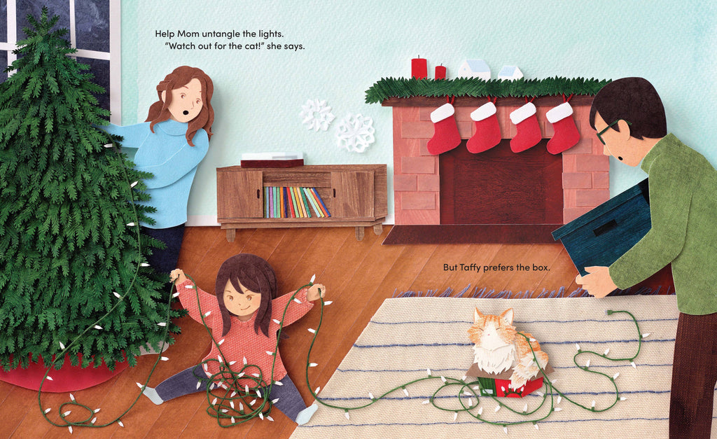 Illustration of a family decorating a Christmas tree with stockings on the fireplace.