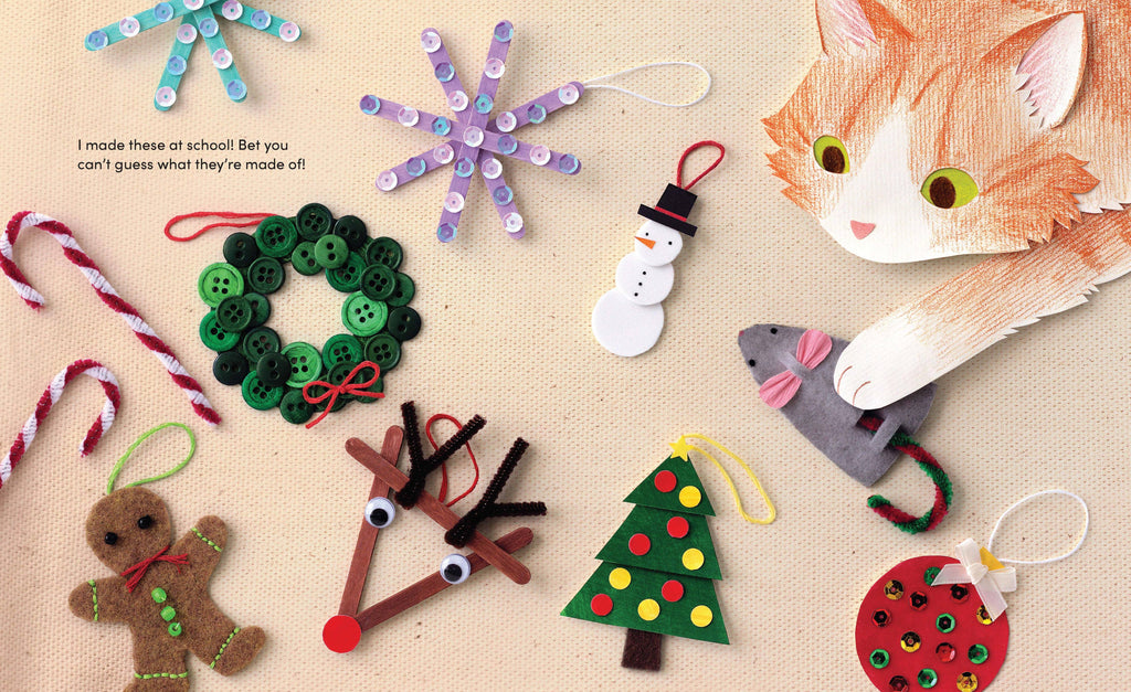 Collection of handmade Christmas ornaments including a wreath, snowflake, gingerbread man, reindeer, and tree on a beige background.