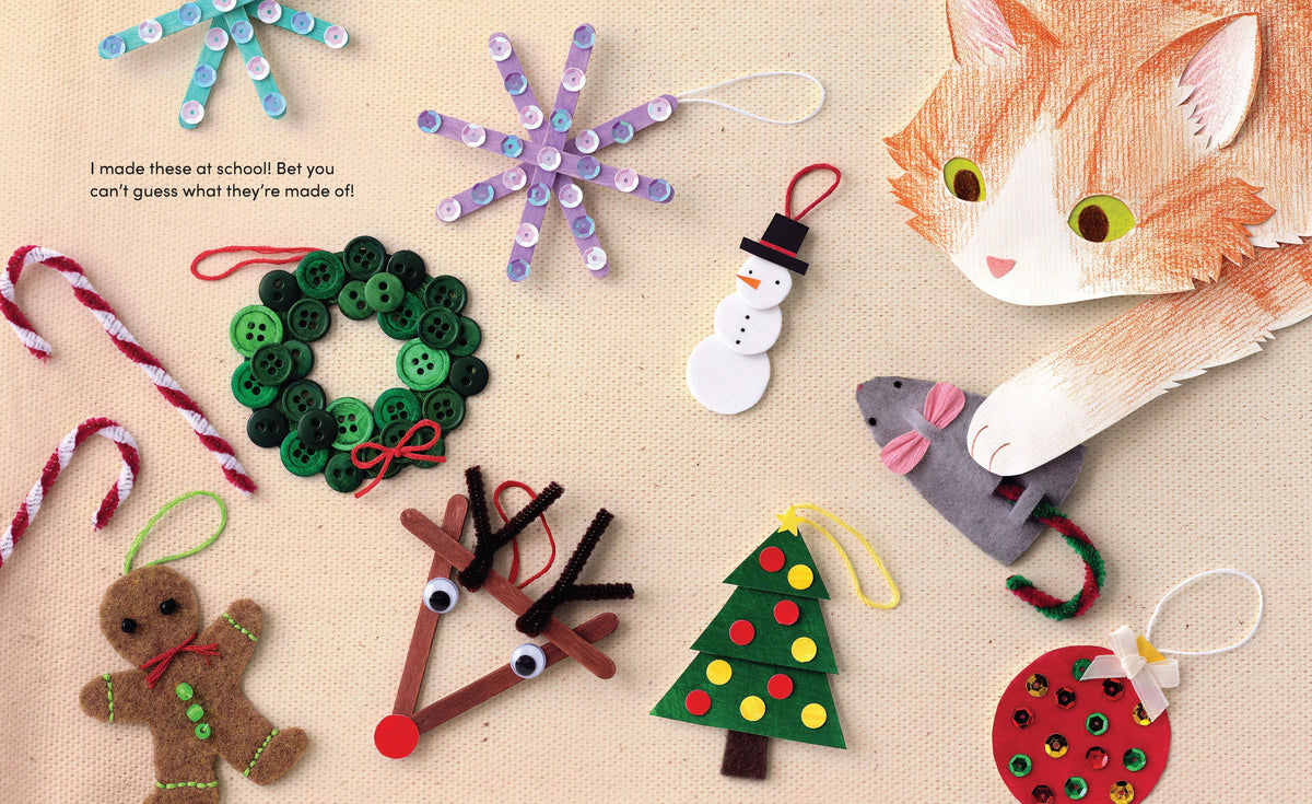 Collection of handmade Christmas ornaments including a wreath, snowflake, gingerbread man, reindeer, and tree on a beige background.