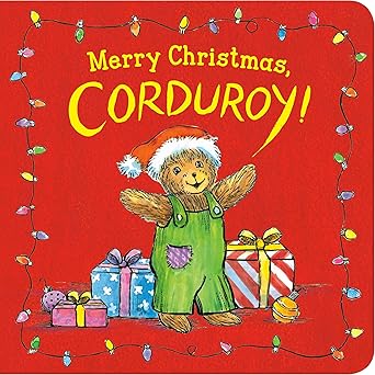 Book cover of 'Merry Christmas, Corduroy!' with a bear character and Christmas decorations on a red background.