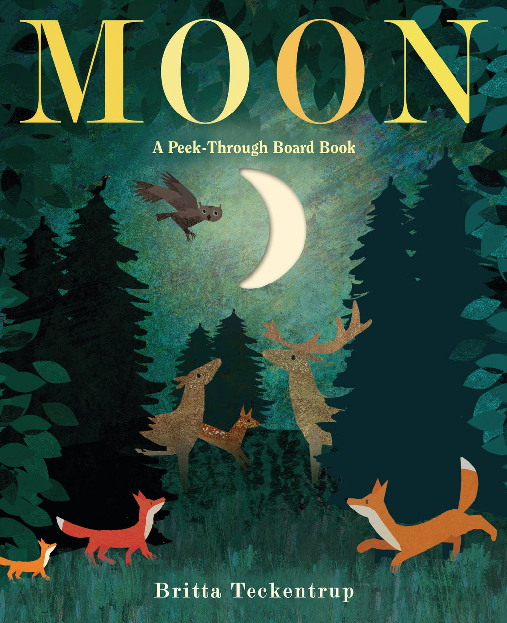 Book cover of 'MOON' with animals in a forest and peek-through design.