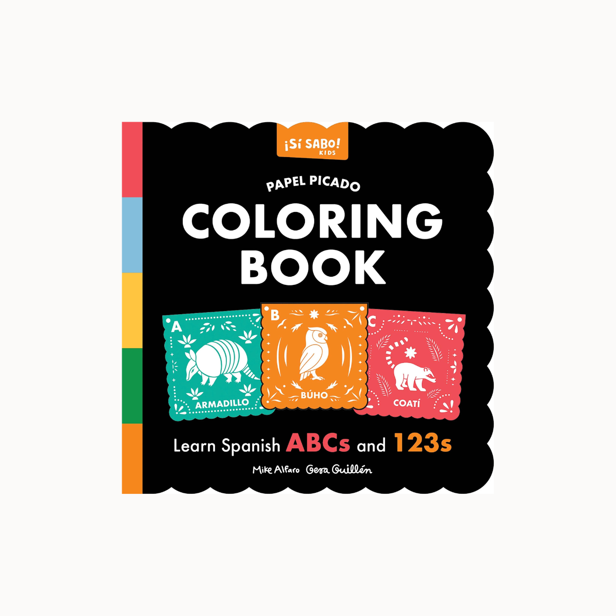 Spanish children's coloring book cover titled 'COLORING BOOK' with '¡SI SABO! 1-2-3' branding, shown on a light gray background. The cover is black with scalloped edges and colorful vertical stripes on the left, plus three illustrated stamp-like panels in teal, orange, and pink.