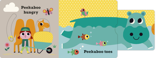Children's book with illustrations of a girl, a hippo, and fish on a yellow background