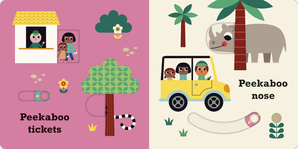 Children's book with illustrations of a car, trees, and animals on a pink and beige background.