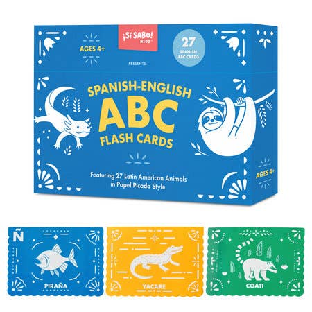 Box of Spanish-English ABC flash cards with illustrations of animals on a white background
