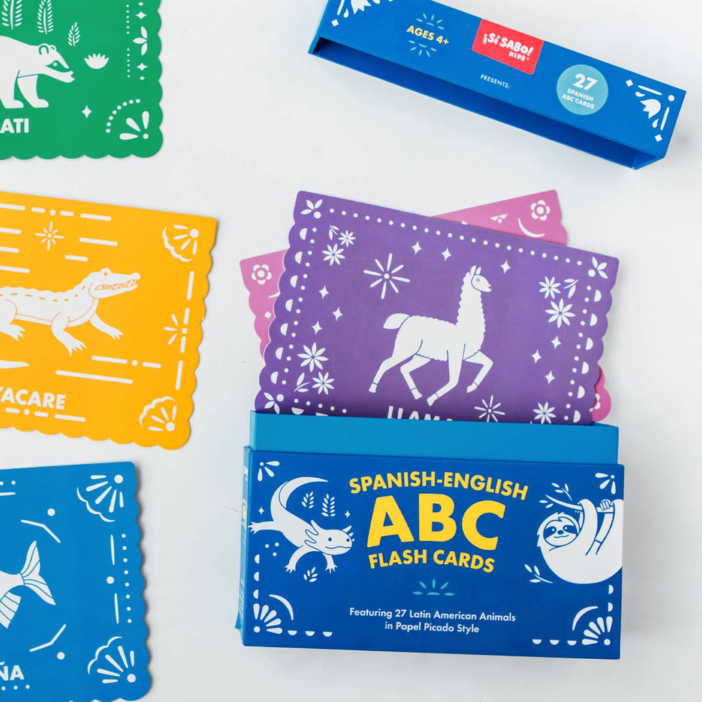 Spanish-English ABC flash cards with colorful designs on a white background