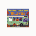 The Wheels on the Bus at Halloween children's book cover, featuring a green bus with spooky characters like ghosts, a pumpkin, and a black cat in a Halloween-themed illustration.
