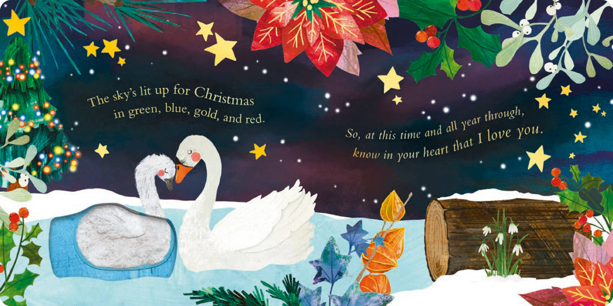 Christmas-themed illustration with swans, stars, and festive elements.