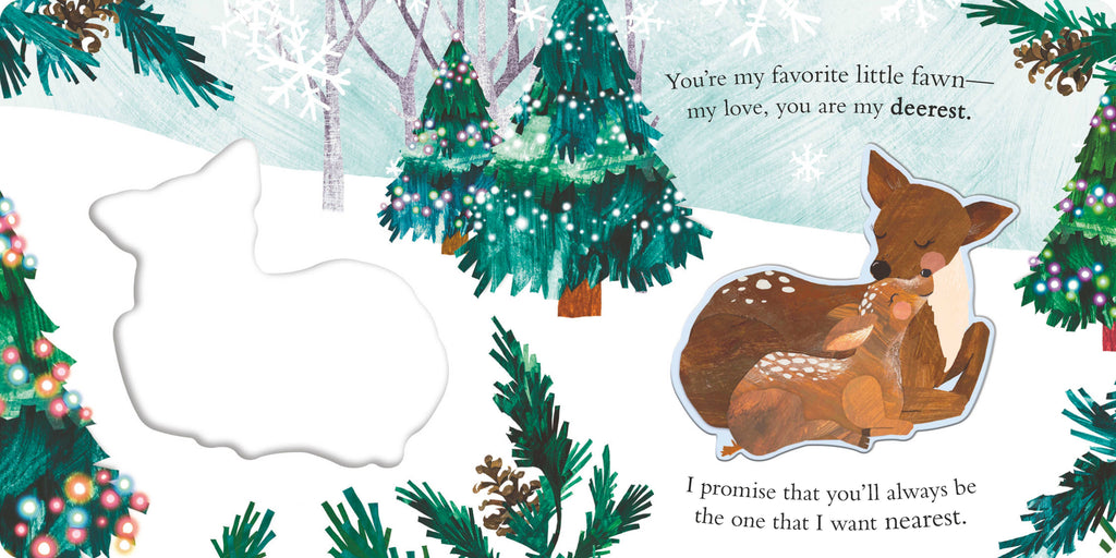 Illustration of a deer and fawn in a forest with text