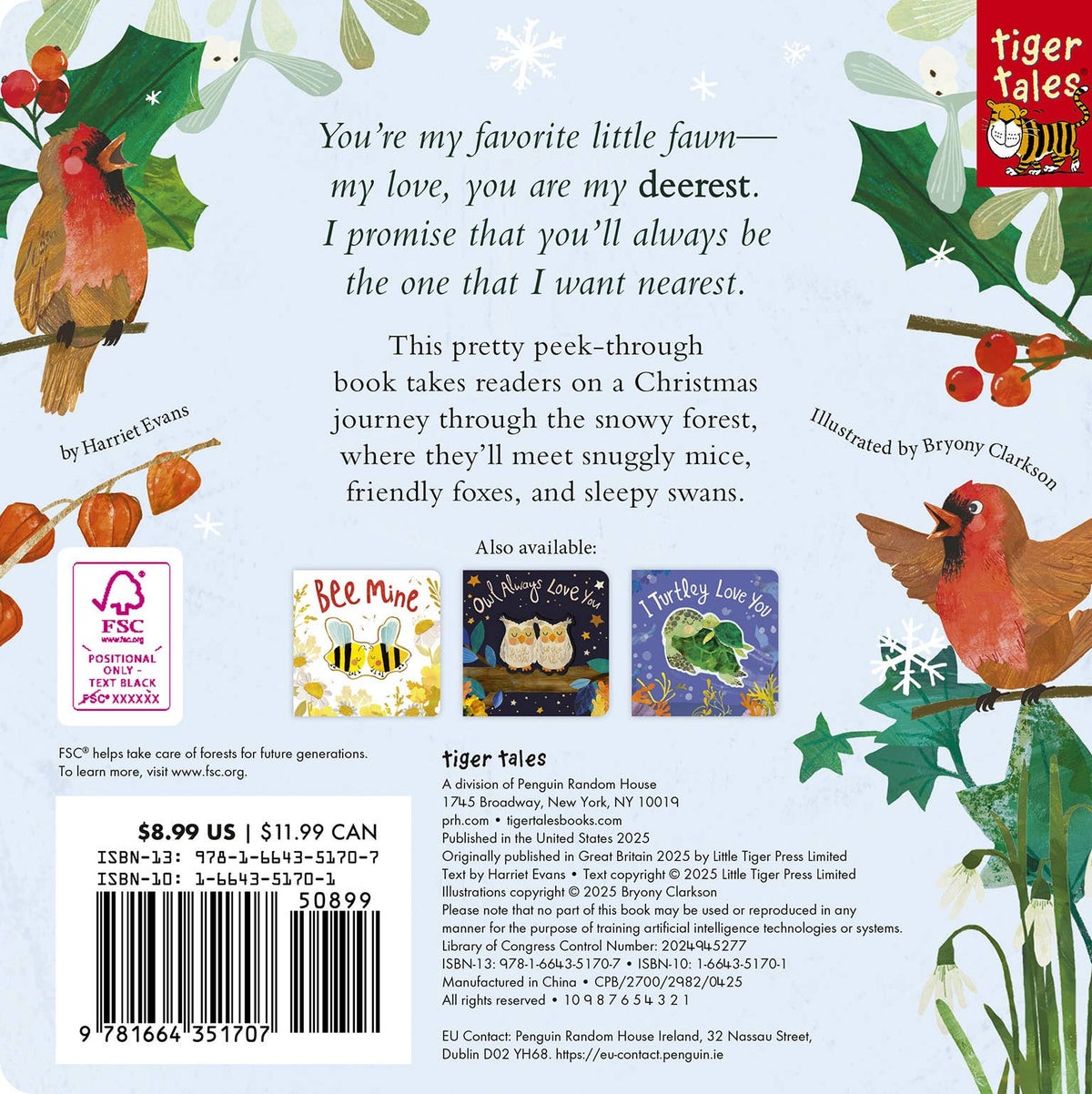 Back cover of a children's book with illustrations of birds, holly leaves, and text.