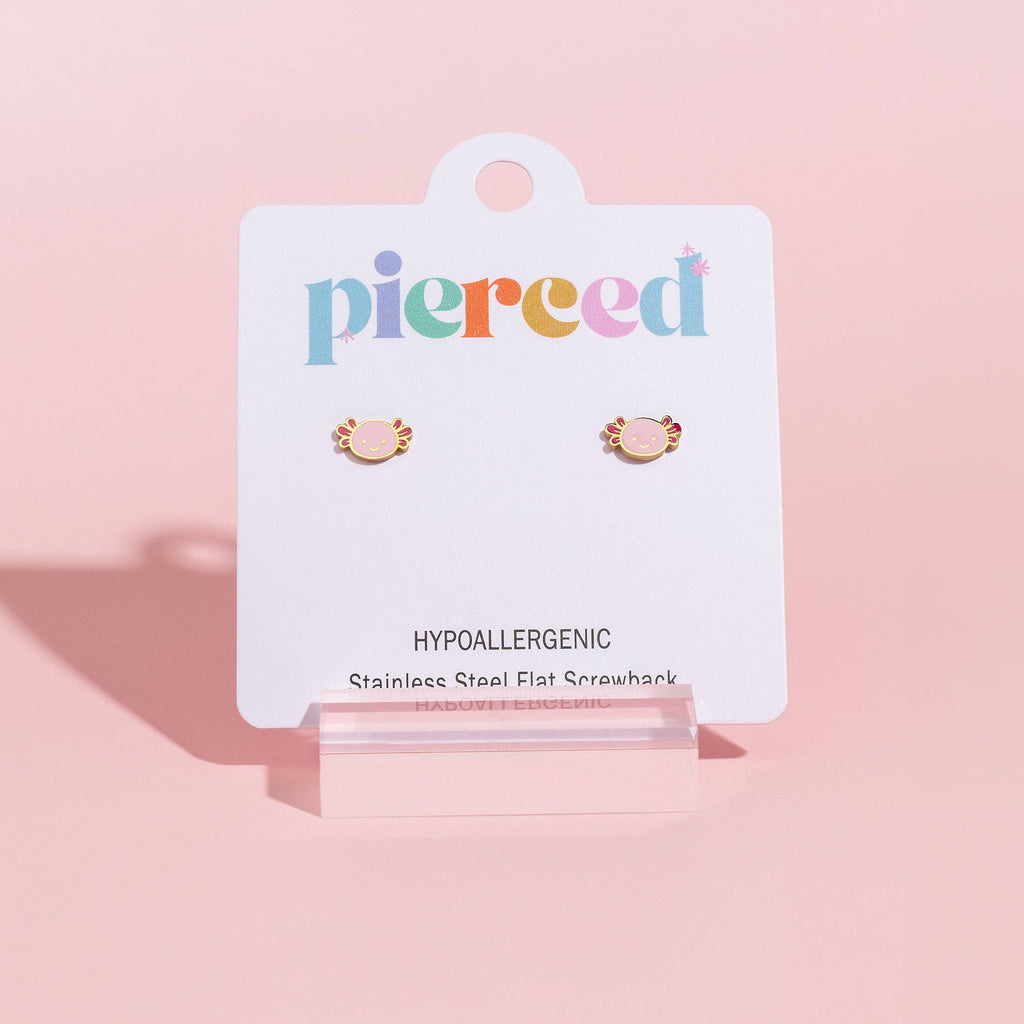 Earring packaging with 'pierced' branding on a pink background