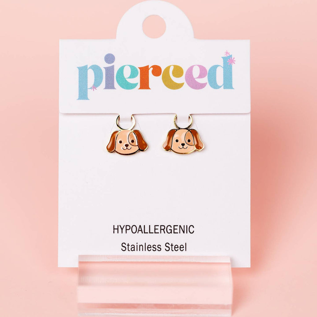 Dog-shaped earrings on a 'pierced' branded card with hypoallergenic and stainless steel information.