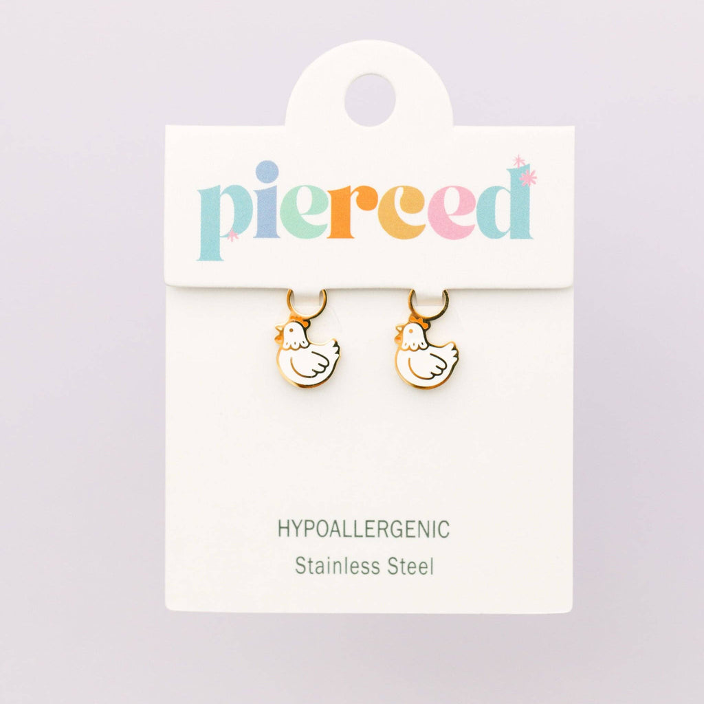 A pair of gold-tone duck drop earrings on a white display card. The card has the brand name 'pierce' in pastel colors and text reading 'HYPOALLERGENIC Stainless Steel'.