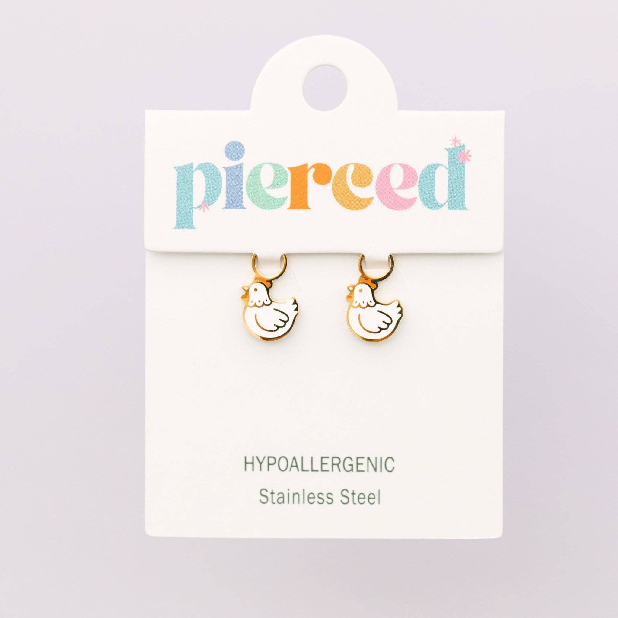 A pair of gold-tone duck drop earrings on a white display card. The card has the brand name 'pierce' in pastel colors and text reading 'HYPOALLERGENIC Stainless Steel'.