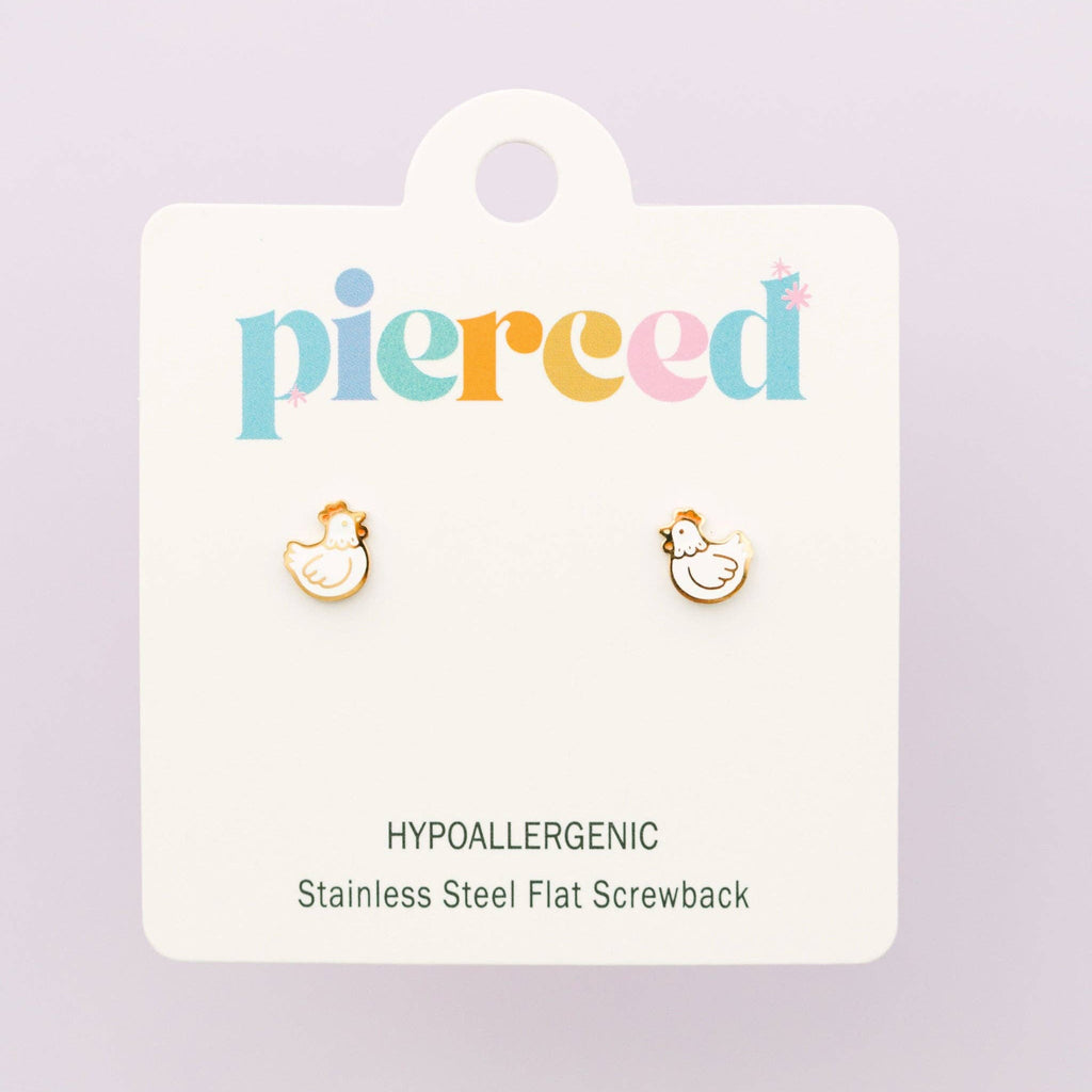 Pair of gold earrings on a 'pierced' branded card with product details.