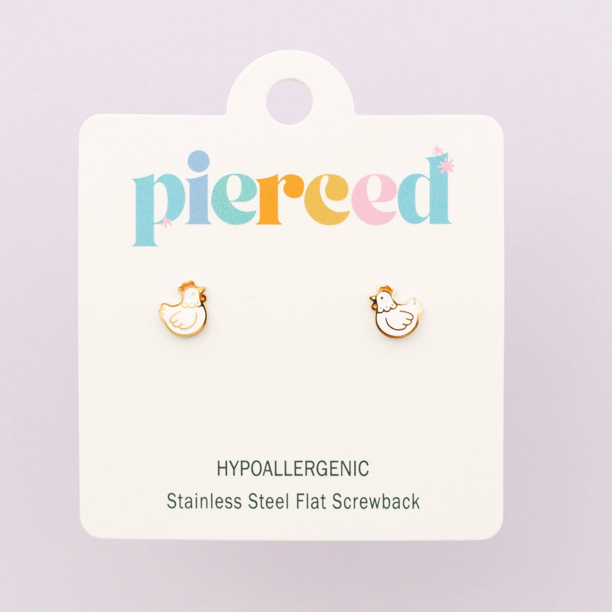 Pair of gold earrings on a 'pierced' branded card with product details.