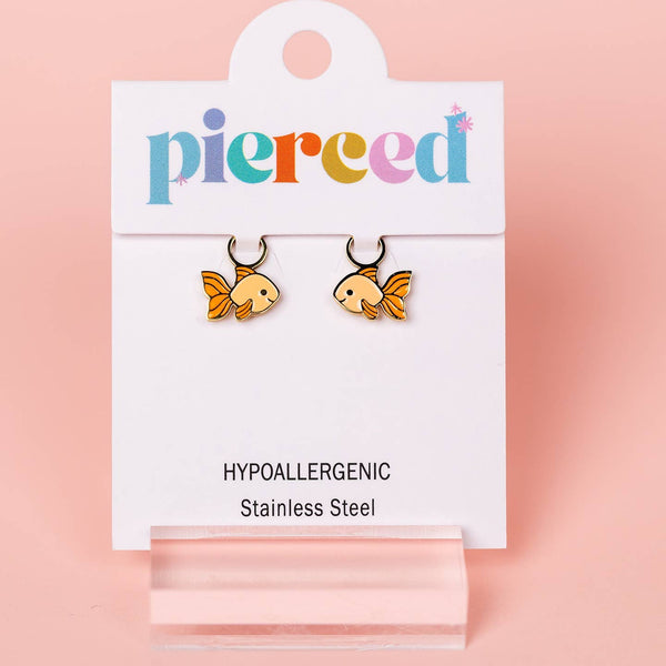 Goldfish-shaped earrings on a 'pierceed' branded card with hypoallergenic information.